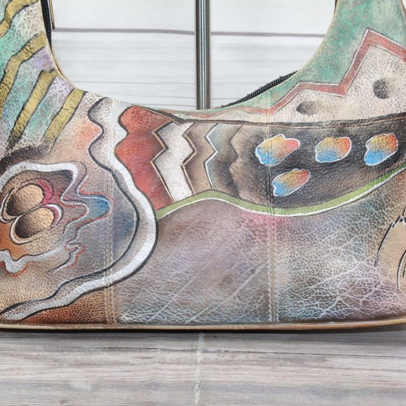 Vintage Anuschka Multicolor Hand Painted Leather Purse Hobo Shoulder Handbag - Picture 4 of 11